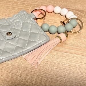 Elegant Quilted Keychain Wallet with Tassel - Light Gray and Soft Pink